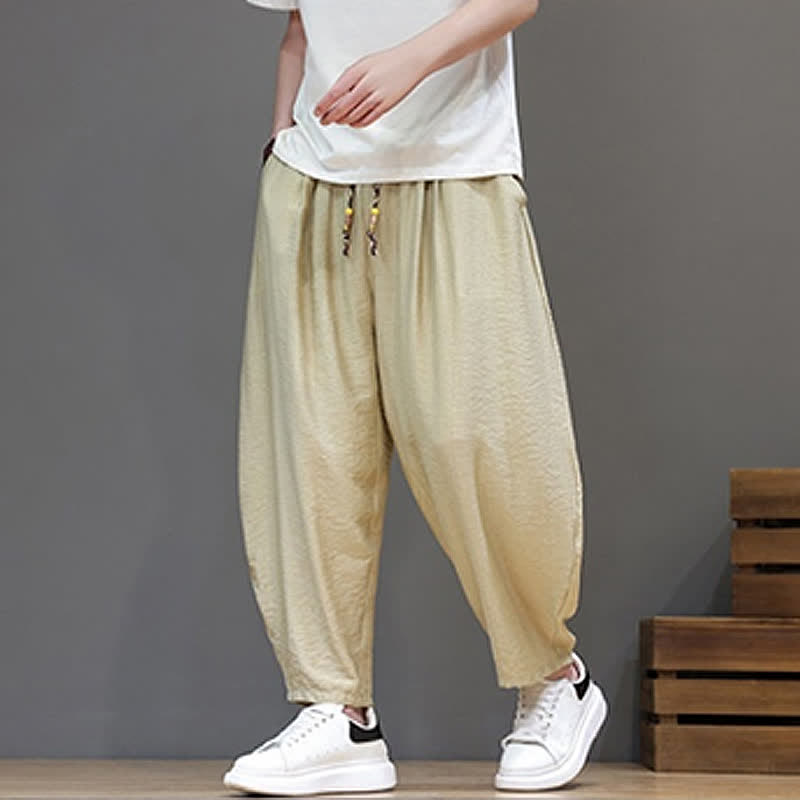 Buddha Stones Pantaloni corti estivi casual minimalisti con coulisse, modello harem da uomo con tasca - image 32