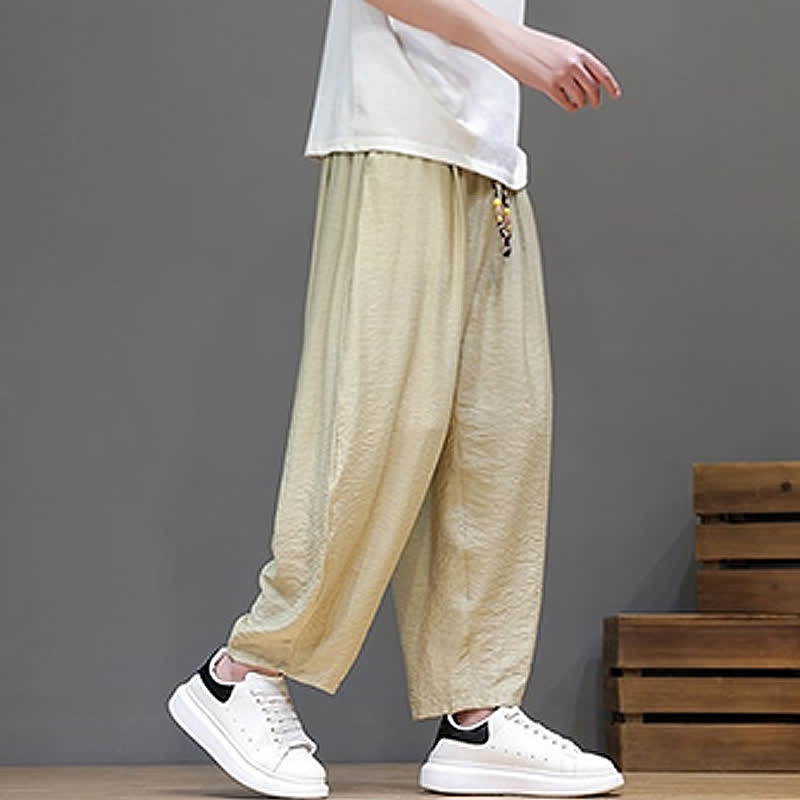 Buddha Stones Pantaloni corti estivi casual minimalisti con coulisse, modello harem da uomo con tasca - image 31