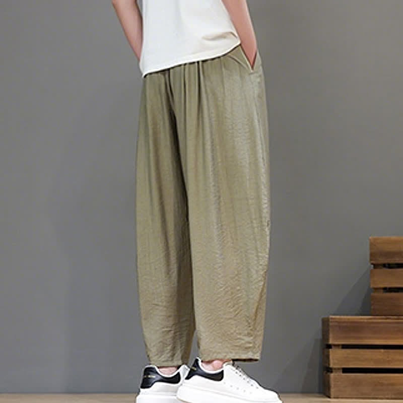Buddha Stones Pantaloni corti estivi casual minimalisti con coulisse, modello harem da uomo con tasca - image 24