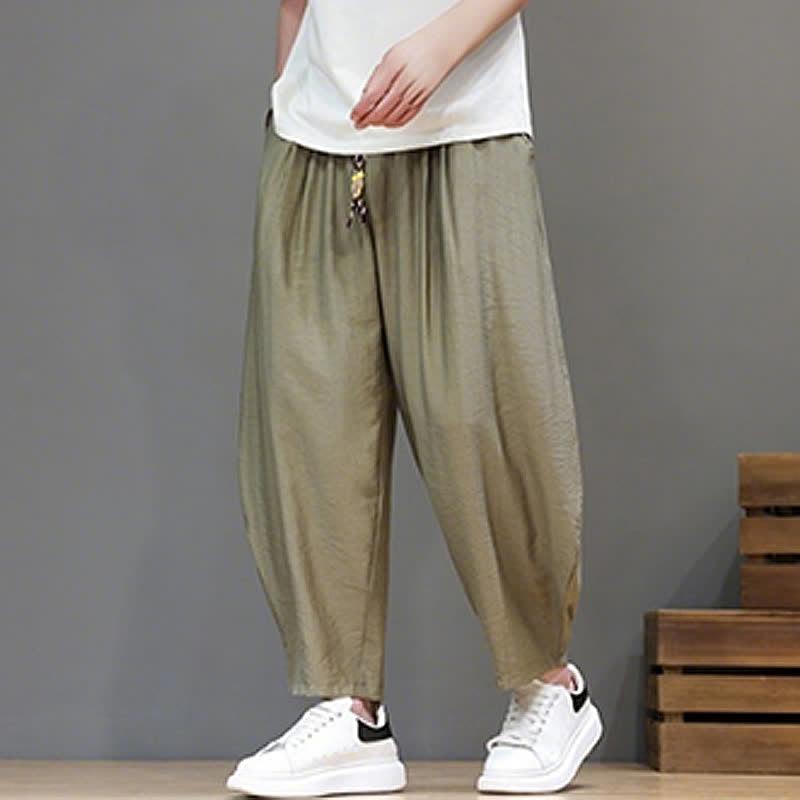 Buddha Stones Pantaloni corti estivi casual minimalisti con coulisse, modello harem da uomo con tasca - image 25