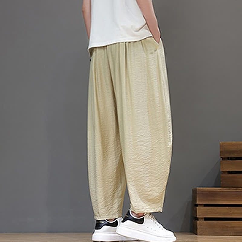 Buddha Stones Pantaloni corti estivi casual minimalisti con coulisse, modello harem da uomo con tasca - image 33