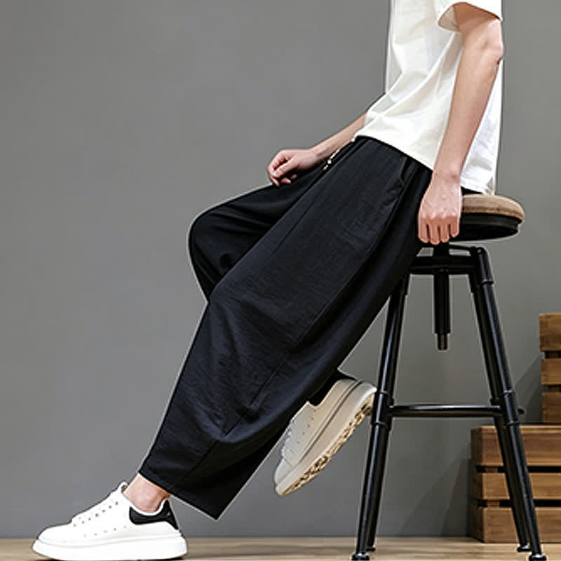 Buddha Stones Pantaloni corti estivi casual minimalisti con coulisse, modello harem da uomo con tasca - image 14