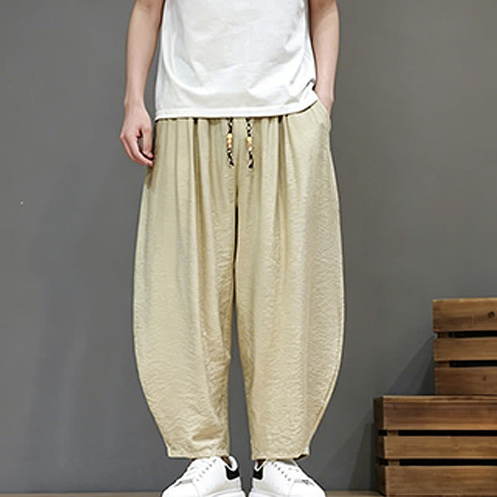 Buddha Stones Pantaloni corti estivi casual minimalisti con coulisse, modello harem da uomo con tasca - image 34
