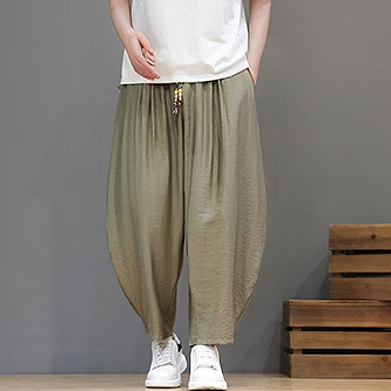 Buddha Stones Pantaloni corti estivi casual minimalisti con coulisse, modello harem da uomo con tasca - image 20