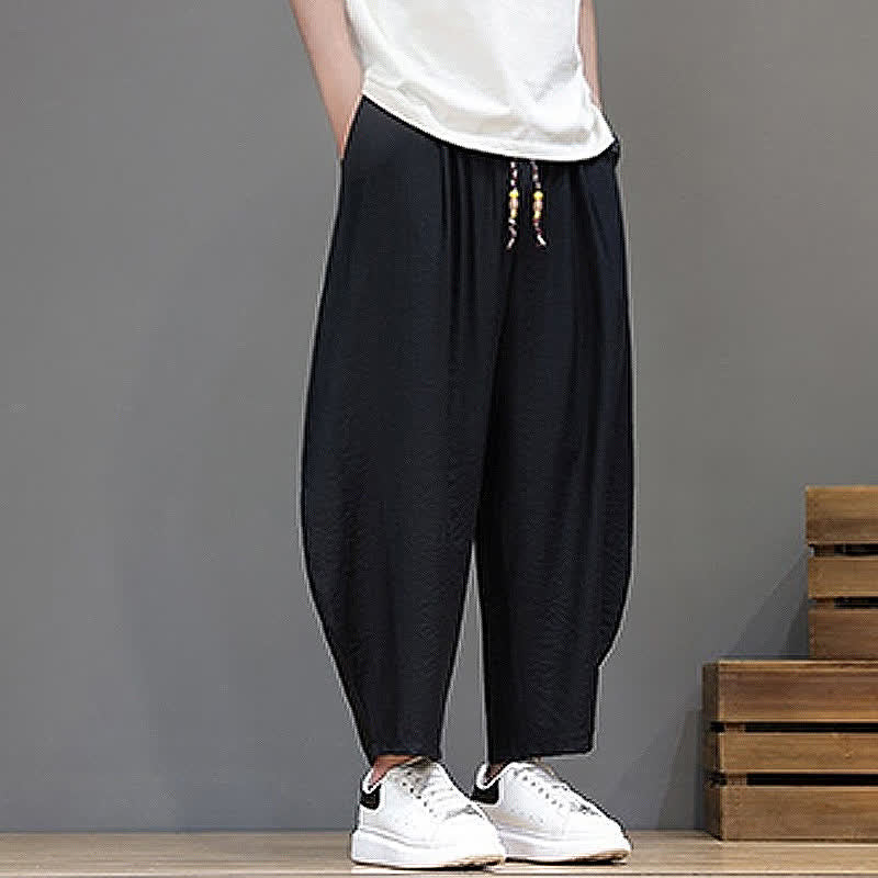 Buddha Stones Pantaloni corti estivi casual minimalisti con coulisse, modello harem da uomo con tasca - image 10
