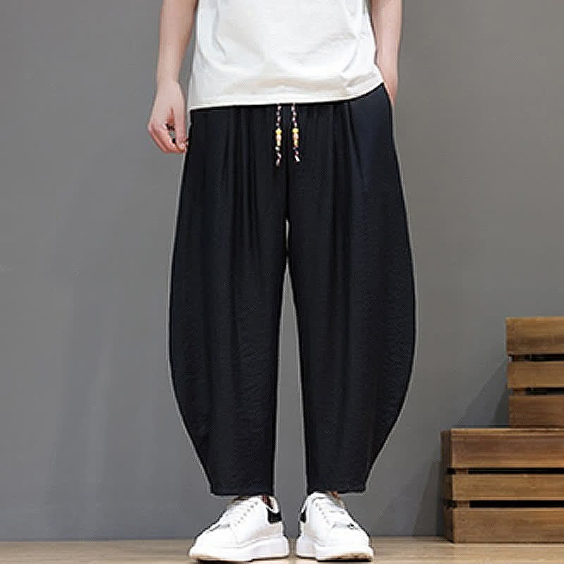 Buddha Stones Pantaloni corti estivi casual minimalisti con coulisse, modello harem da uomo con tasca - image 11