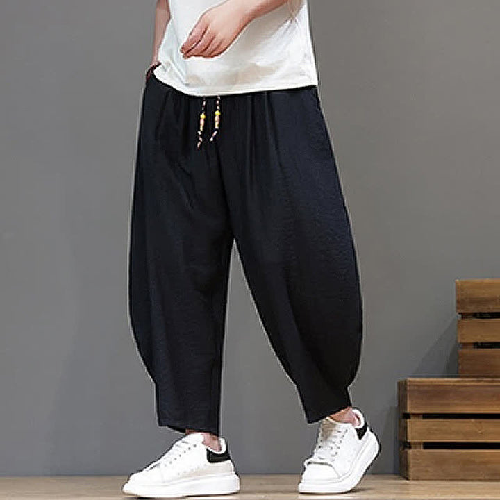 Buddha Stones Pantaloni corti estivi casual minimalisti con coulisse, modello harem da uomo con tasca - image 9