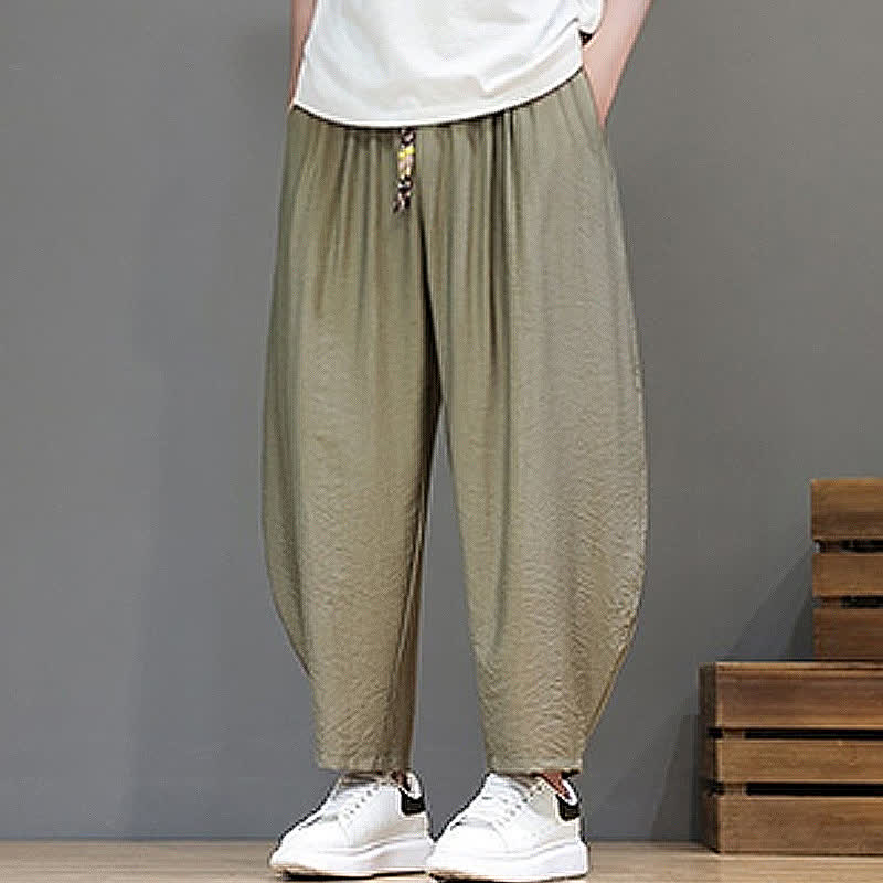 Buddha Stones Pantaloni corti estivi casual minimalisti con coulisse, modello harem da uomo con tasca - image 19