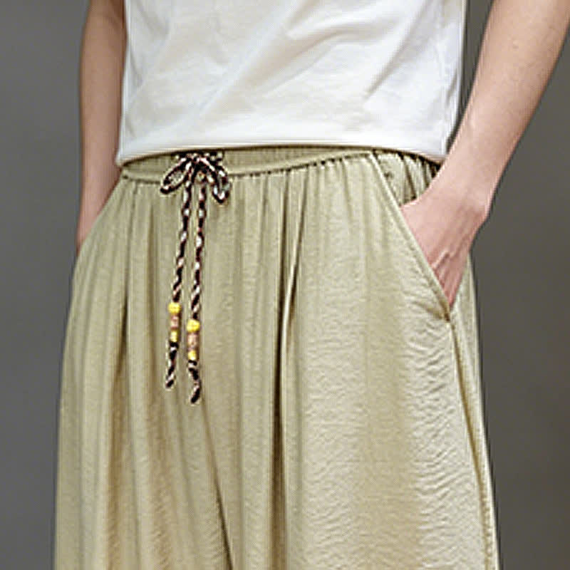 Buddha Stones Pantaloni corti estivi casual minimalisti con coulisse, modello harem da uomo con tasca - image 39
