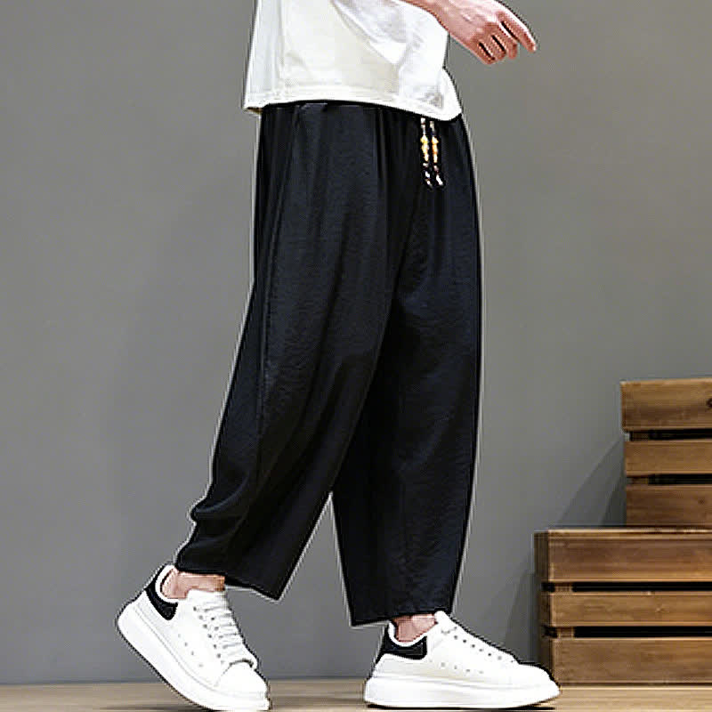 Buddha Stones Pantaloni corti estivi casual minimalisti con coulisse, modello harem da uomo con tasca - image 16