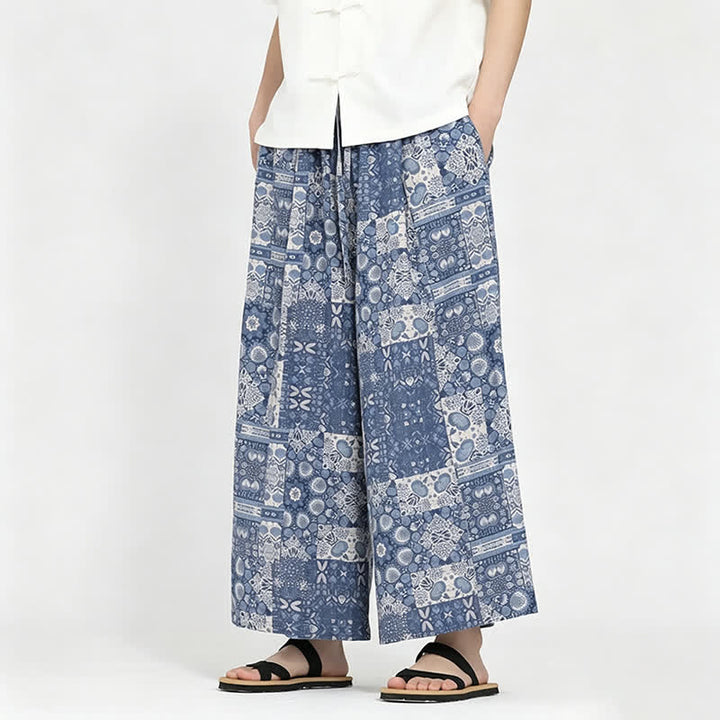 Buddha Stones Pantaloni capri estivi boho casual con coulisse e stampa floreale, pantaloni da uomo a gamba larga con tasca - image 6