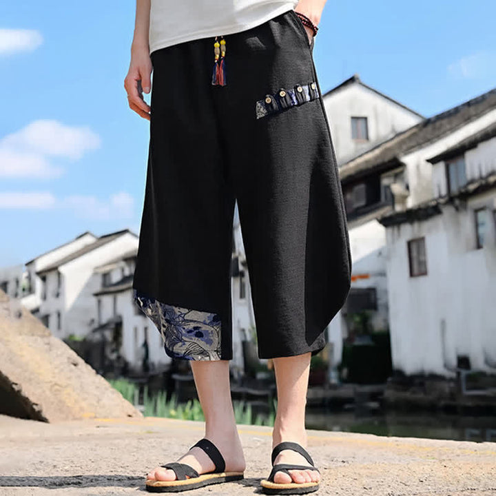 Buddha Stones Pantaloni Capri estivi casual vintage con coulisse e stampa floreale, pantaloni harem da uomo con tasca - image 5