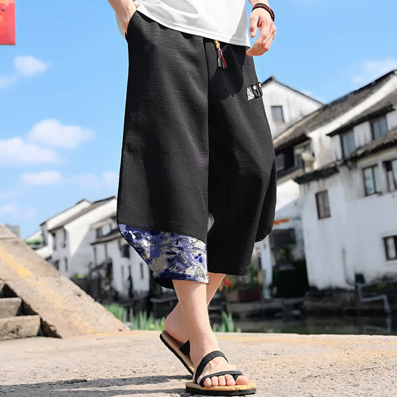 Buddha Stones Pantaloni Capri estivi casual vintage con coulisse e stampa floreale, pantaloni harem da uomo con tasca - image 3