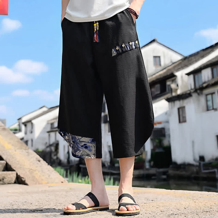 Buddha Stones Pantaloni Capri estivi casual vintage con coulisse e stampa floreale, pantaloni harem da uomo con tasca - Nero - US/UK/AU46, EU56 (5XL) - image 0