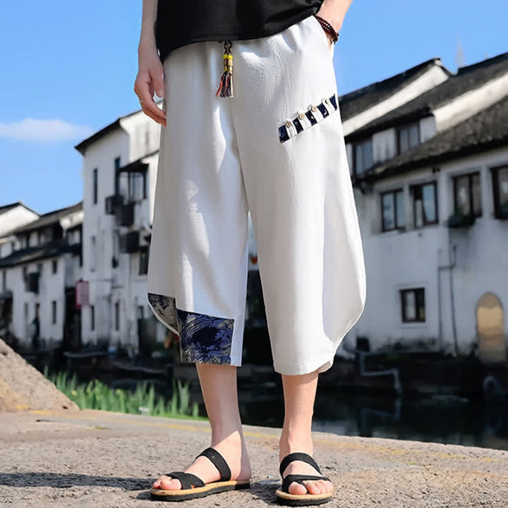 Buddha Stones Pantaloni Capri estivi casual vintage con coulisse e stampa floreale, pantaloni harem da uomo con tasca - Bianco - US/UK/AU46, EU56 (5XL) - image 7