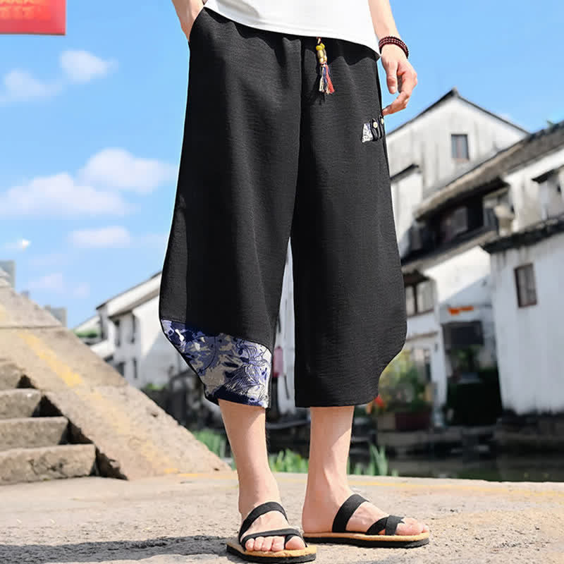 Buddha Stones Pantaloni Capri estivi casual vintage con coulisse e stampa floreale, pantaloni harem da uomo con tasca - image 4