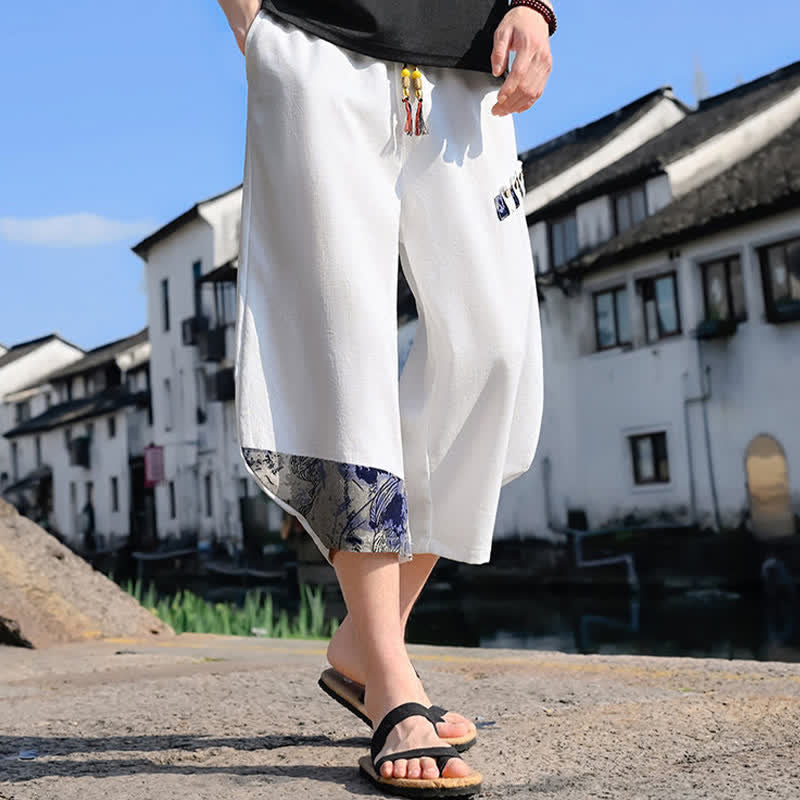 Buddha Stones Pantaloni Capri estivi casual vintage con coulisse e stampa floreale, pantaloni harem da uomo con tasca - image 8