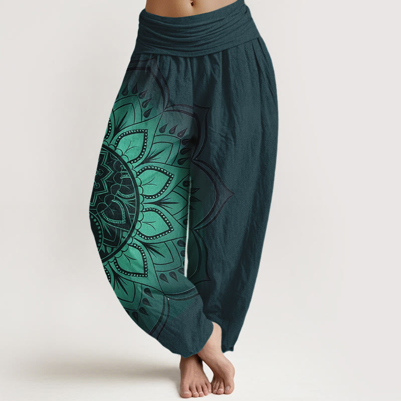 Buddha Stones Pantaloni harem da donna con elastico in vita e motivo mandala simmetrico in cotone - Verde acqua - US16, UK/AU20, EU48 (3XL) - image 5