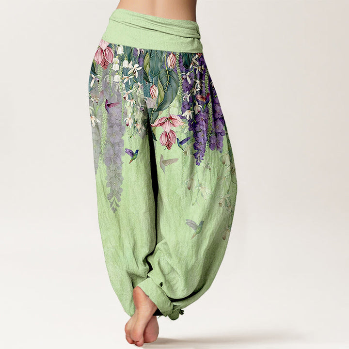 Buddha Stones Pantaloni harem da donna in puro cotone con motivo a uccelli e orchidee, con elastico in vita - image 9