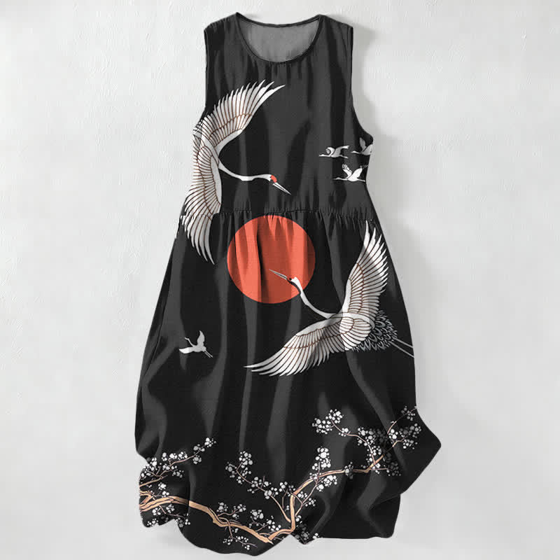 Buddha Stones Abito midi estivo casual da donna con motivo gru e sole rosso, senza maniche e tasche. - Nero - US16, UK/AU20, EU48 (3XL) - image 0