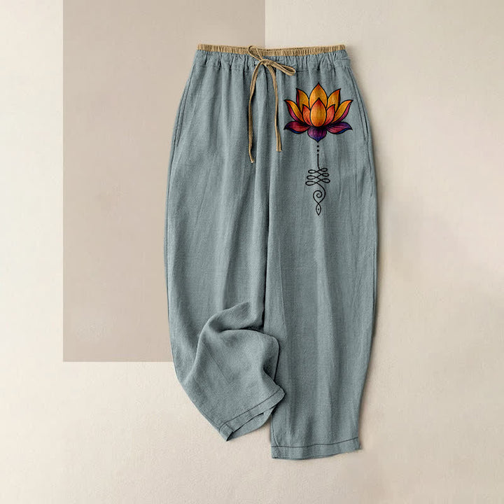 Buddha Stones Pantaloni da donna in puro cotone con motivo a loto arancione, elastico in vita e tasche. - Azzurro chiaro - US16, UK/AU20, EU48 (3XL) - image 8