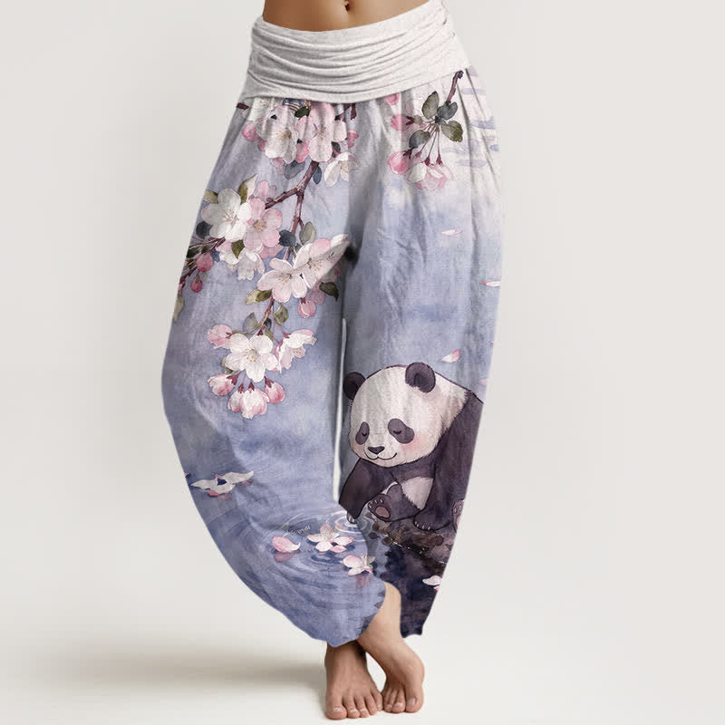 Buddha Stones Pantaloni harem da donna in puro cotone con motivo panda e fiori di ciliegio, con elastico in vita. - Blu Ardesia Medio - US16, UK/AU20, EU48 (3XL) - image 8