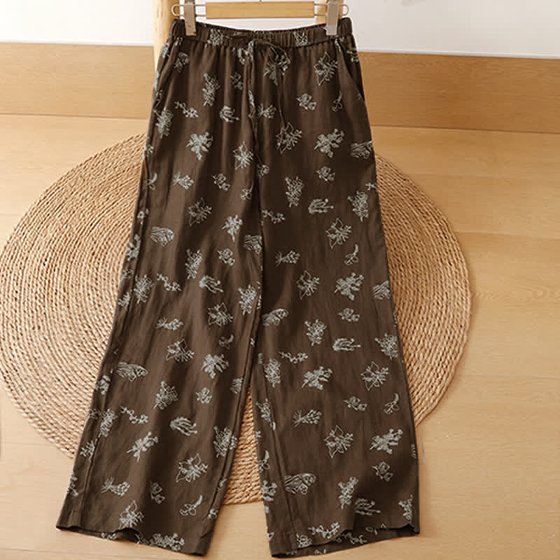 Buddha Stones Pantaloni estivi casual vintage con coulisse e stampa floreale, pantaloni a gamba larga da donna con tasca - image 1