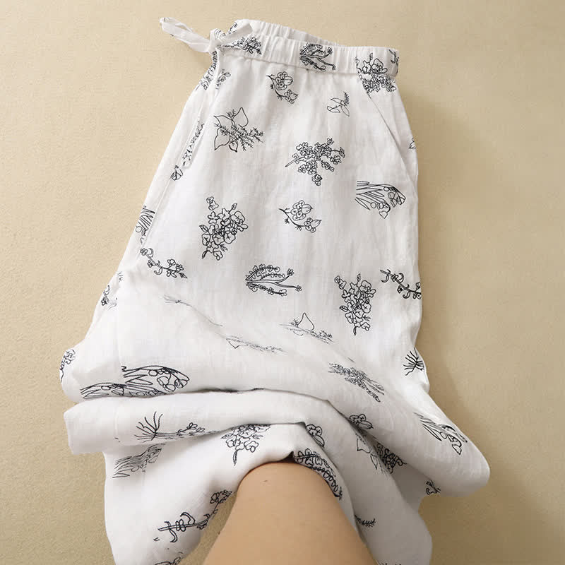 Buddha Stones Pantaloni estivi casual vintage con coulisse e stampa floreale, pantaloni a gamba larga da donna con tasca - image 16