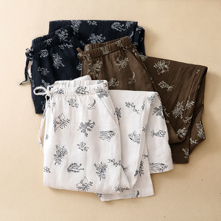 Buddha Stones Pantaloni estivi casual vintage con coulisse e stampa floreale, pantaloni a gamba larga da donna con tasca - image 18