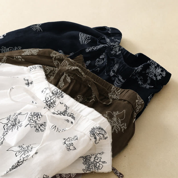 Buddha Stones Pantaloni estivi casual vintage con coulisse e stampa floreale, pantaloni a gamba larga da donna con tasca - image 19