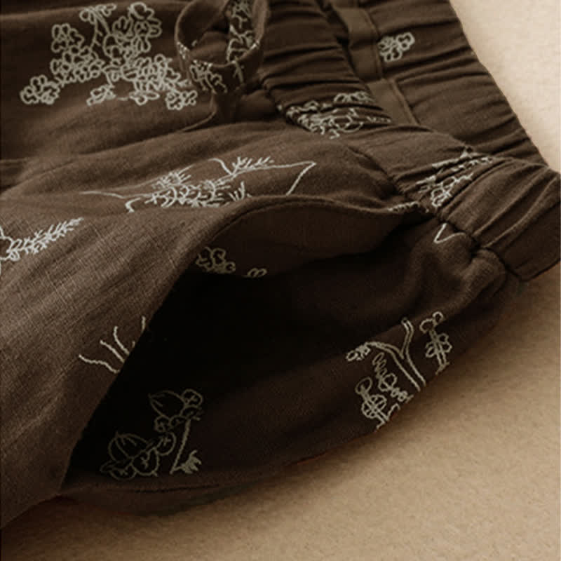 Buddha Stones Pantaloni estivi casual vintage con coulisse e stampa floreale, pantaloni a gamba larga da donna con tasca - image 4