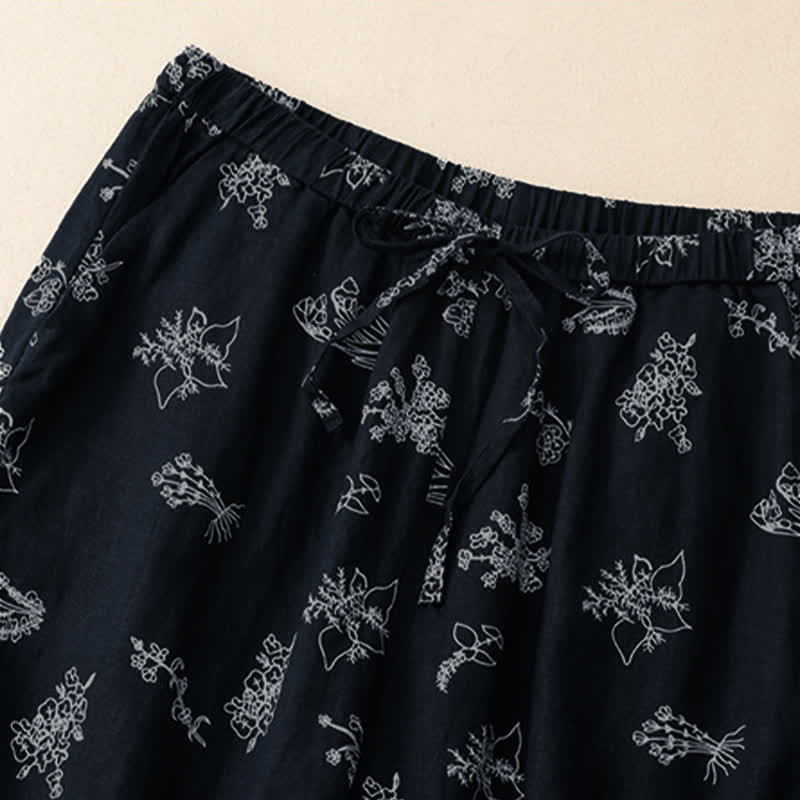 Buddha Stones Pantaloni estivi casual vintage con coulisse e stampa floreale, pantaloni a gamba larga da donna con tasca - image 9