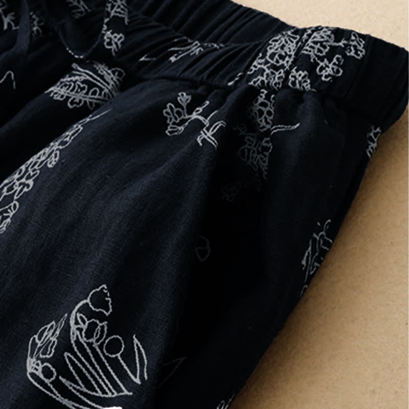 Buddha Stones Pantaloni estivi casual vintage con coulisse e stampa floreale, pantaloni a gamba larga da donna con tasca - image 11