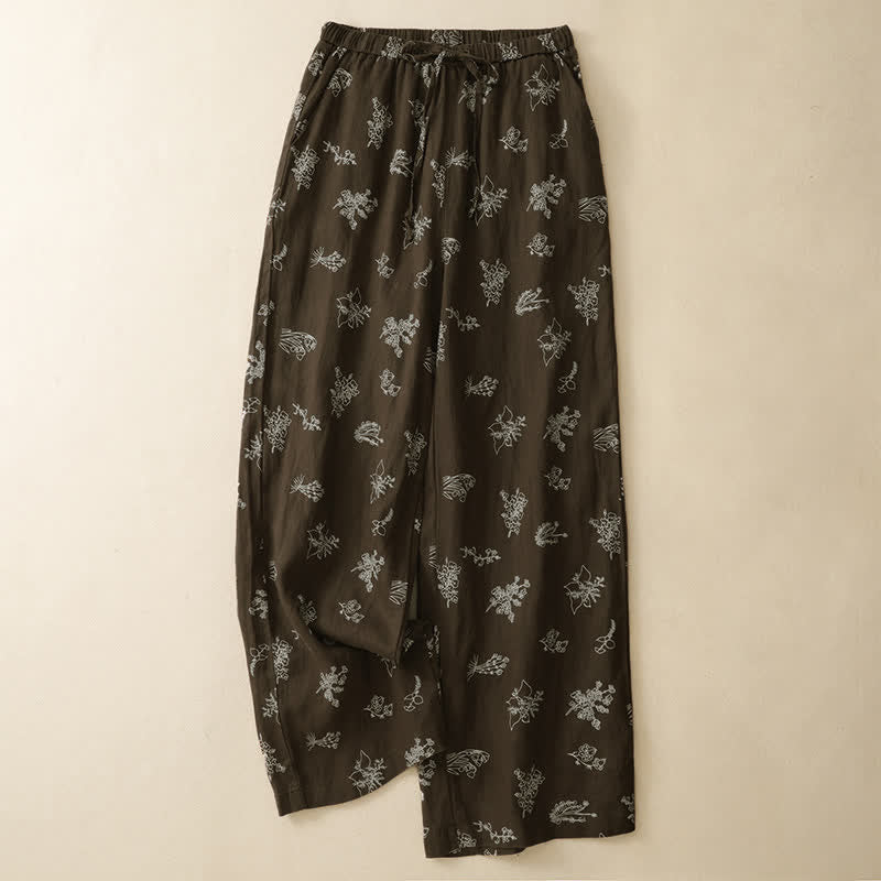 Buddha Stones Pantaloni estivi casual vintage con coulisse e stampa floreale, pantaloni a gamba larga da donna con tasca - Marrone sella - US8-10, UK/AU12-14, EU40-42 (2XL) - image 0