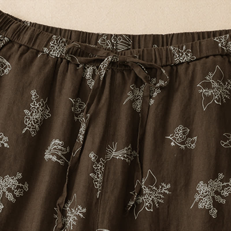 Buddha Stones Pantaloni estivi casual vintage con coulisse e stampa floreale, pantaloni a gamba larga da donna con tasca - image 3
