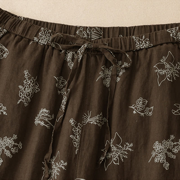 Buddha Stones Pantaloni estivi casual vintage con coulisse e stampa floreale, pantaloni a gamba larga da donna con tasca - image 3