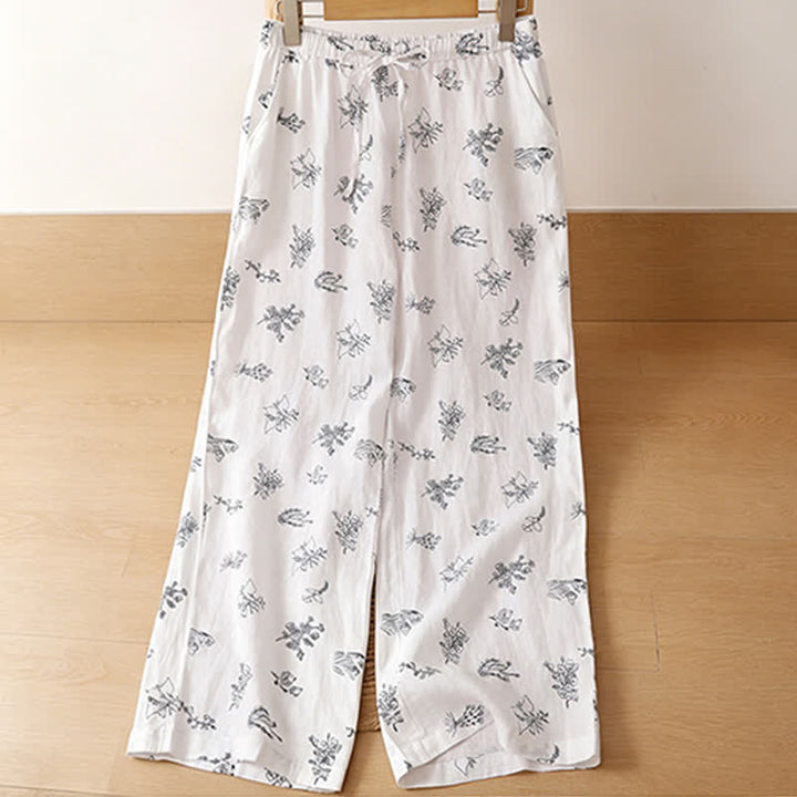 Buddha Stones Pantaloni estivi casual vintage con coulisse e stampa floreale, pantaloni a gamba larga da donna con tasca - image 14