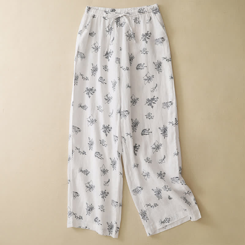 Buddha Stones Pantaloni estivi casual vintage con coulisse e stampa floreale, pantaloni a gamba larga da donna con tasca - Bianco - US8-10, UK/AU12-14, EU40-42 (2XL) - image 13