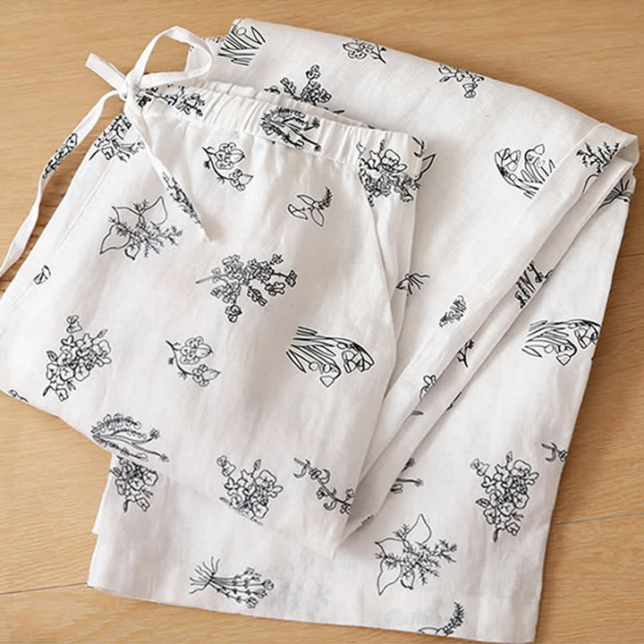 Buddha Stones Pantaloni estivi casual vintage con coulisse e stampa floreale, pantaloni a gamba larga da donna con tasca - image 15