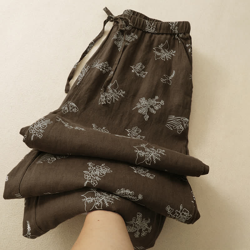 Buddha Stones Pantaloni estivi casual vintage con coulisse e stampa floreale, pantaloni a gamba larga da donna con tasca - image 2