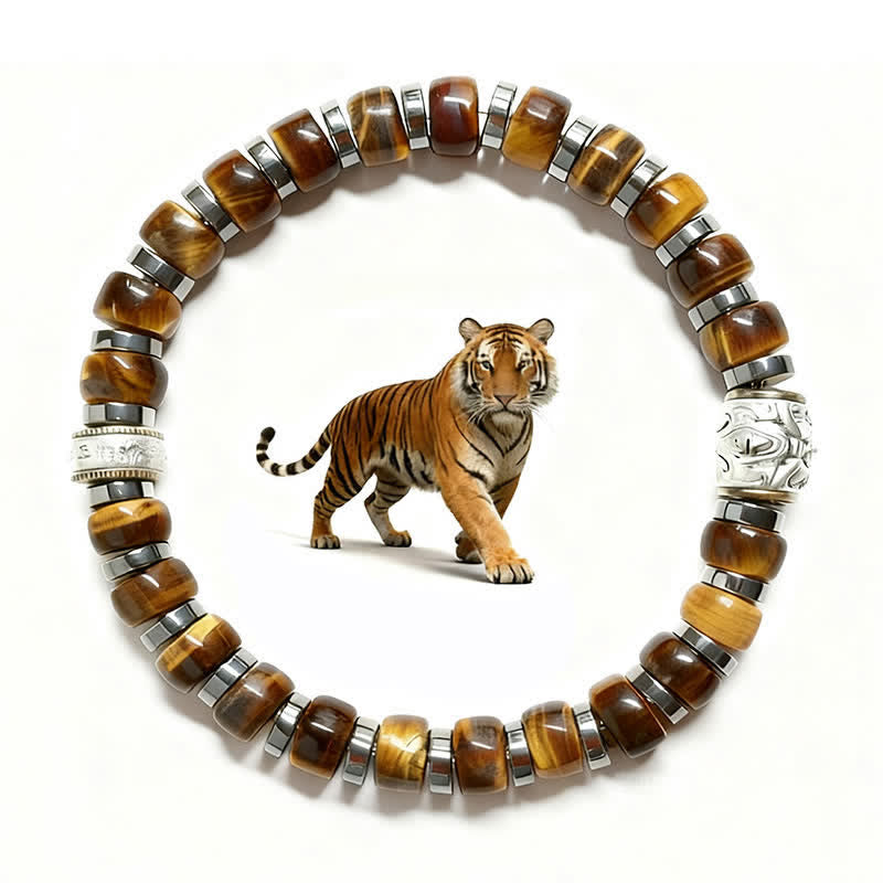 Buddha Stones Braccialetto con perline a forma di leone in argento anticato e occhio di tigre naturale. - image 0