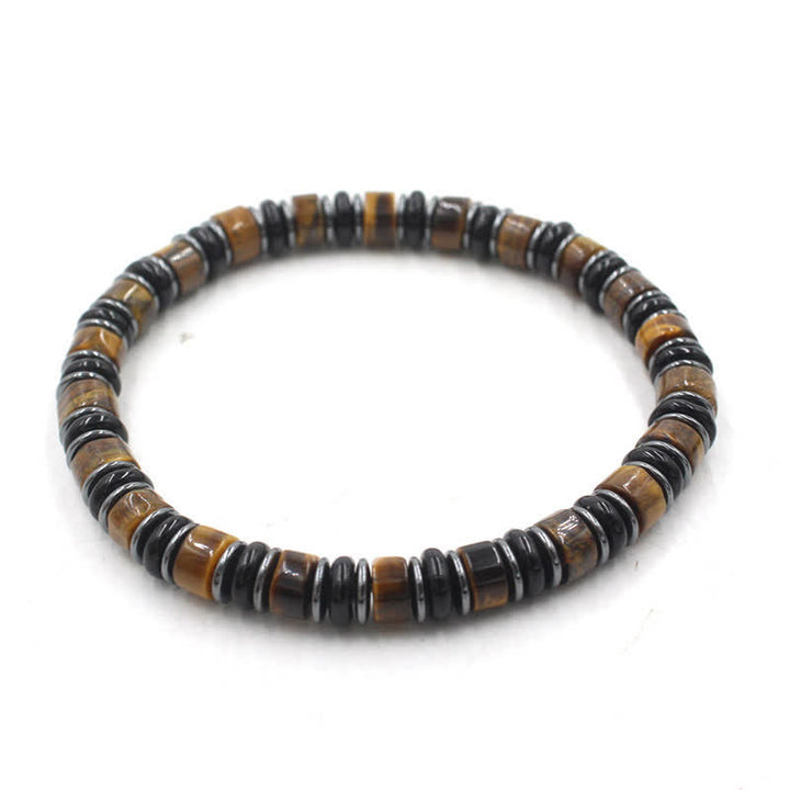Buddha Stones Braccialetto etnico con perline piatte portafortuna in ossidiana nera ed ematite, lucidato a mano. - Occhio di tigre (Fiducia ♥ Concentrazione) (Circonferenza del polso: 15-16 cm) - image 0