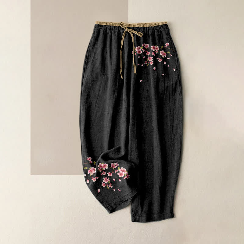 Buddha Stones Pantaloni da donna in puro cotone con elastico in vita e tasche, fantasia a fiori rosa. - Nero - US16, UK/AU20, EU48 (3XL) - image 0