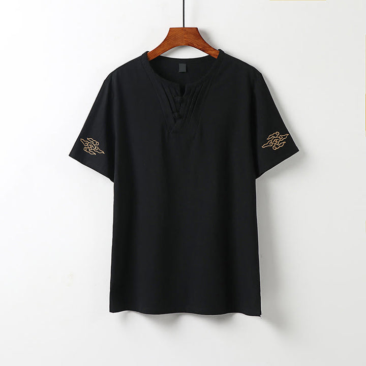 Buddha Stones Camicia da uomo a maniche corte tinta unita con bottoni a rana in stile estivo Tang e ricamo di nuvole propizie. - Nero - US/UK/AU54, EU64 (9XL) - image 10