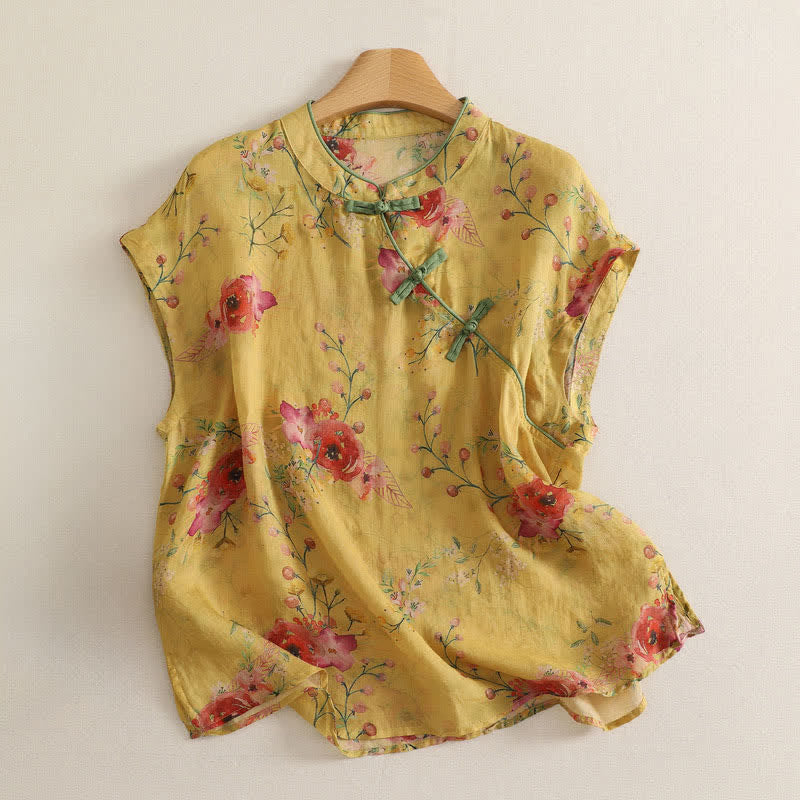 Buddha Stones Maglietta senza maniche da donna stile vintage Tang con bottoni a rana e stampa floreale e orchidee, ideale per l'estate. - Cachi - Senza maniche - US12, UK/AU16, EU44 (2XL) - image 21