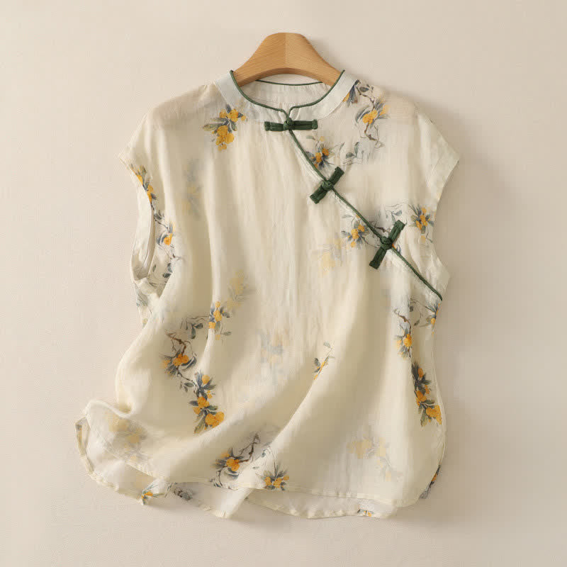 Buddha Stones Maglietta senza maniche da donna stile vintage Tang con bottoni a rana e stampa floreale e orchidee, ideale per l'estate. - Beige - Senza maniche - US12, UK/AU16, EU44 (2XL) - image 11