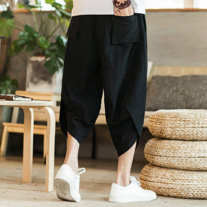 Buddha Stones Pantaloni Capri estivi casual vintage con coulisse e stampa gru, pantaloni harem da uomo con tasca - image 10