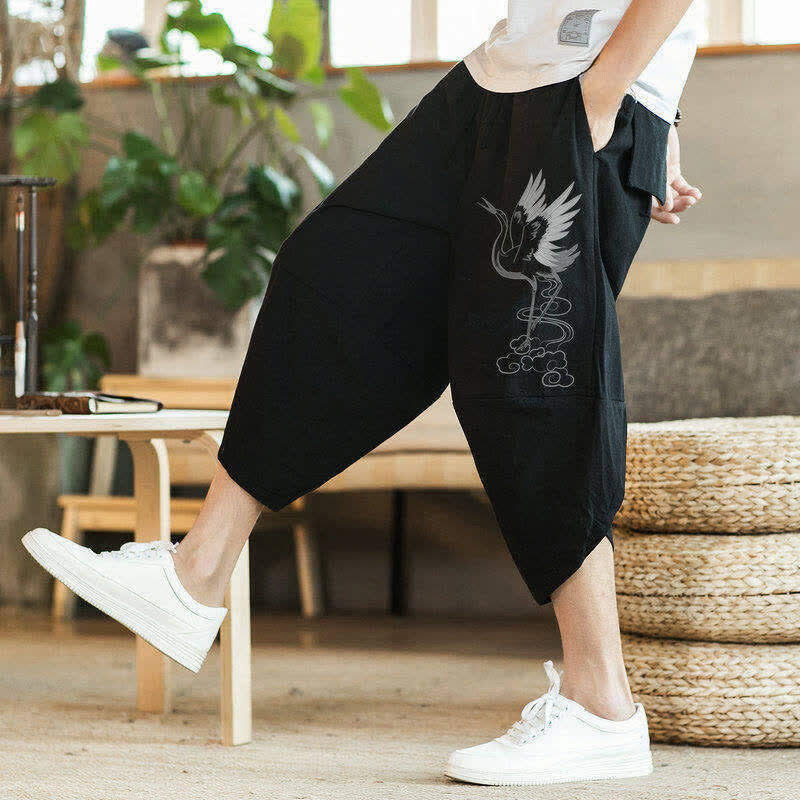 Buddha Stones Pantaloni Capri estivi casual vintage con coulisse e stampa gru, pantaloni harem da uomo con tasca - Nero - US/UK/AU46, EU56 (5XL) - image 9