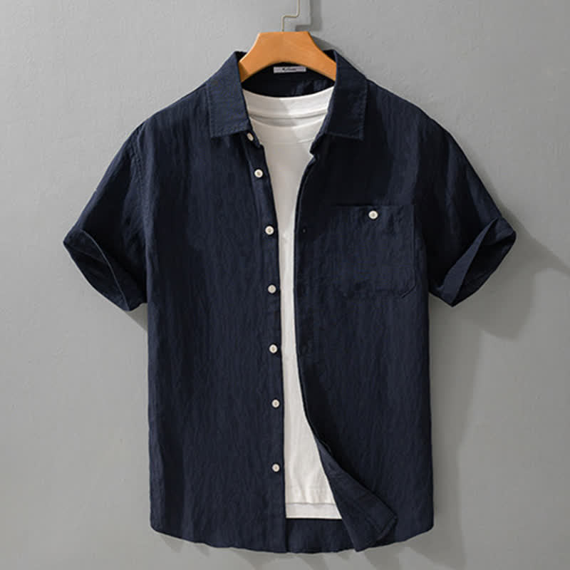 Buddha Stones Camicia da uomo a maniche corte, tinta unita, estiva, casual e minimalista, con tasca applicata. - image 1