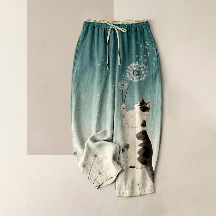 Buddha Stones Pantaloni da donna in puro cotone con elastico in vita e tasche, fantasia "Dreamy Cow Cat Dandelion". - Cadetto Blu - US16, UK/AU20, EU48 (3XL) - image 0